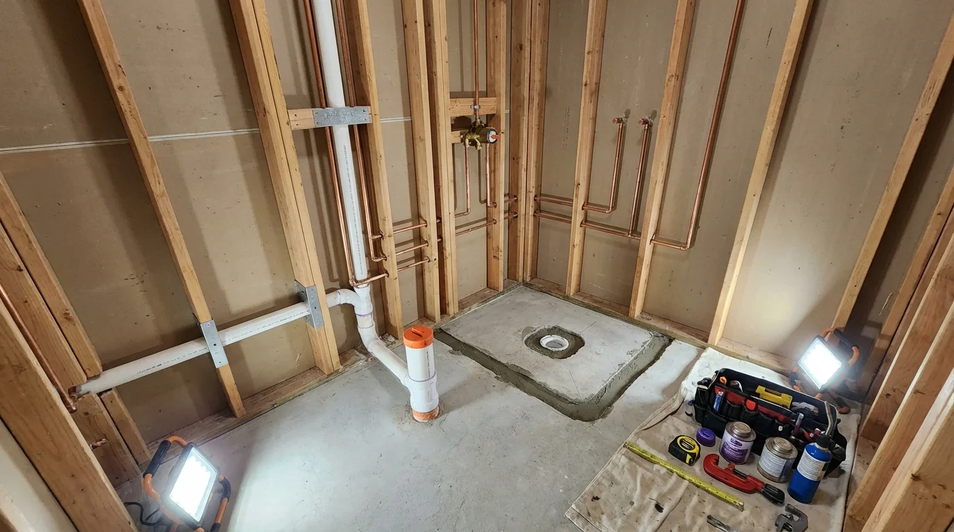 Bathroom rough-in plumbing during remodel by Johns Plumbing LLC in Pickerington