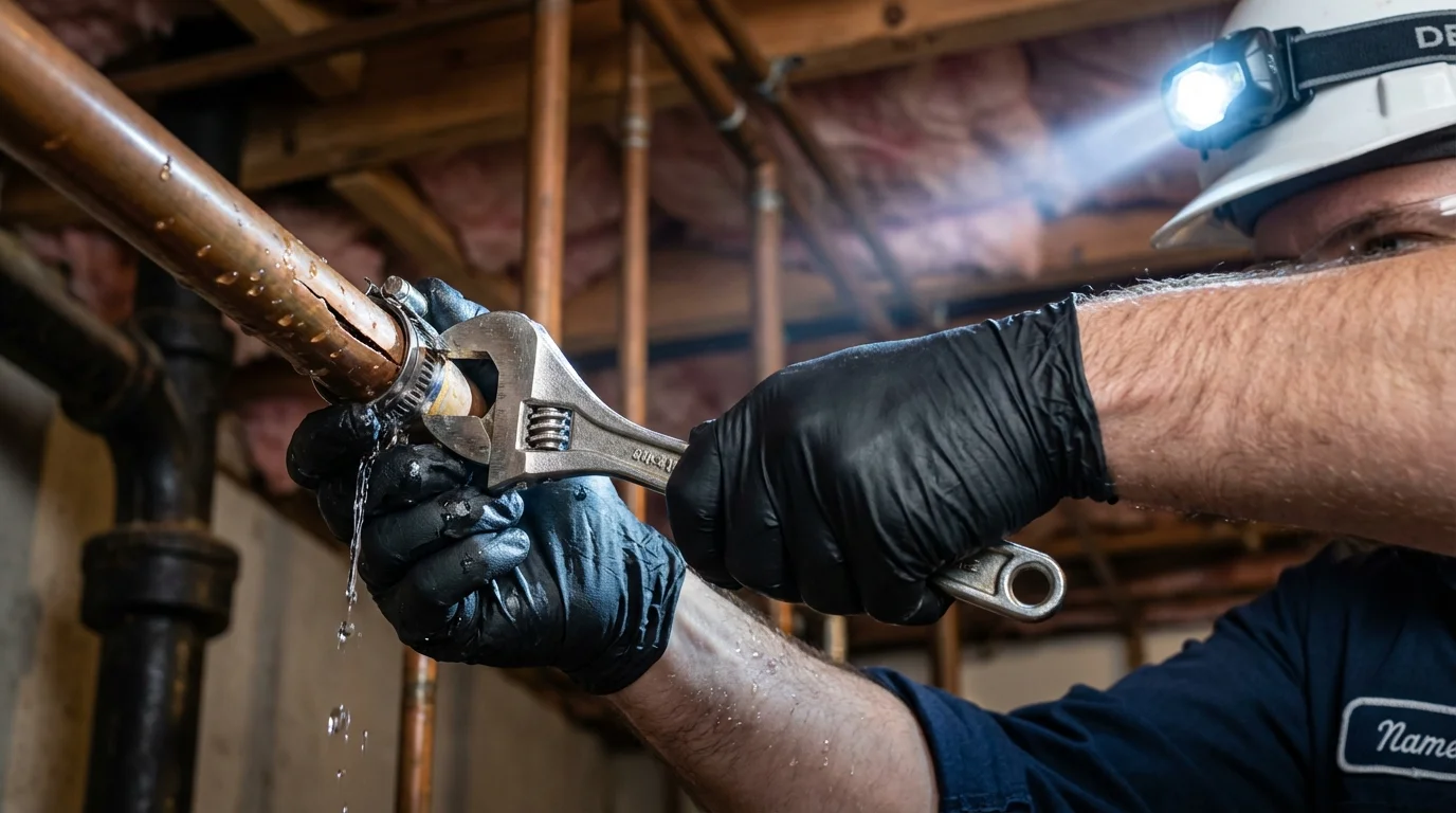 Emergency pipe clamp repair being performed by a Johns Plumbing LLC plumber in Pickerington