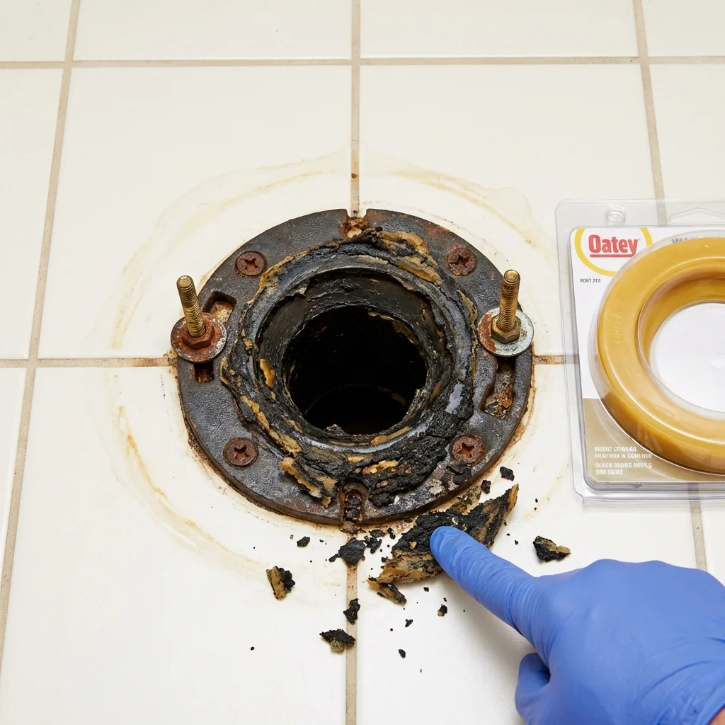 Failed wax ring showing water seepage at the base of a toilet in a Pickerington, OH home