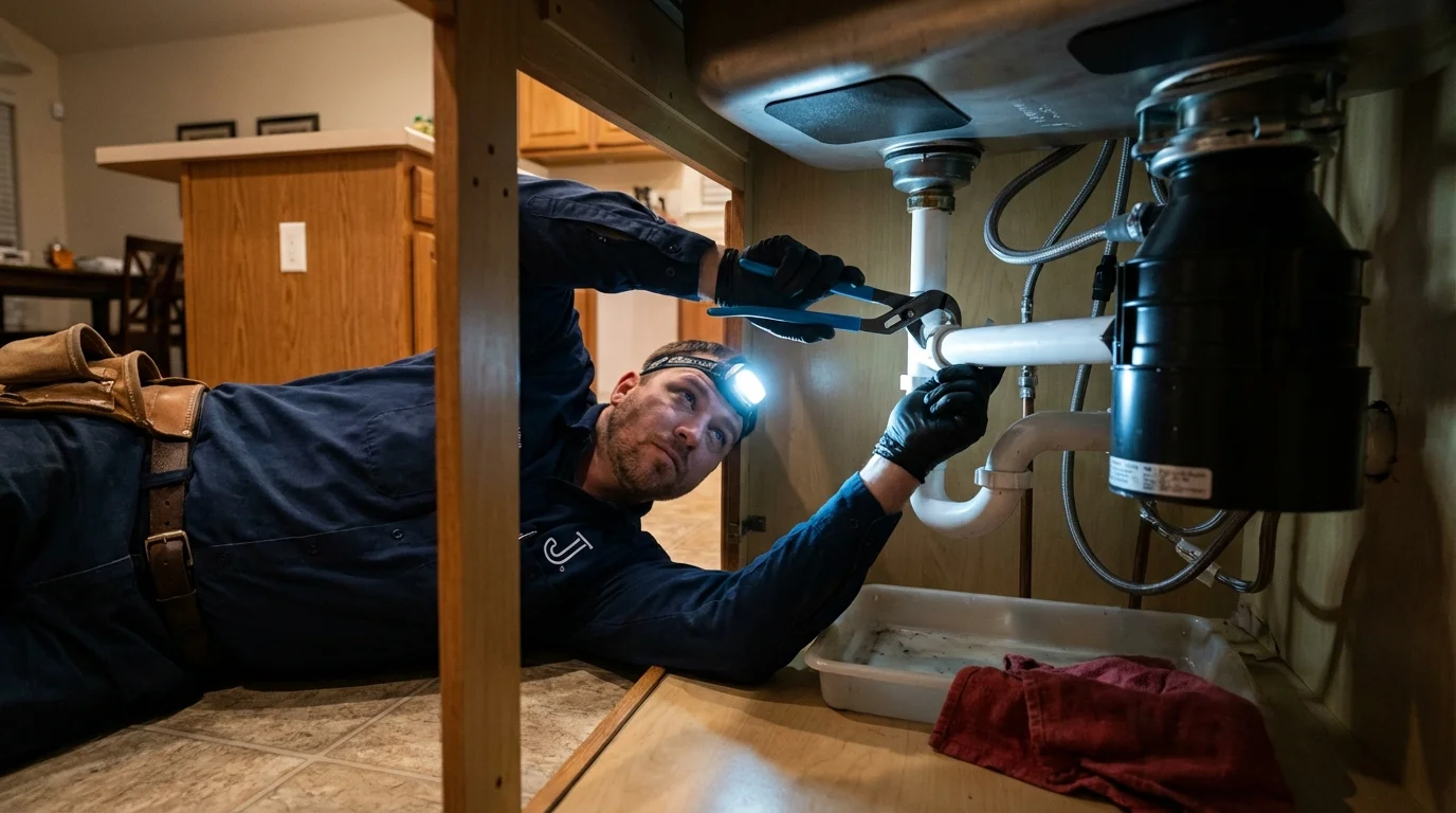P-trap and supply line connections under a kitchen sink showing a common leak point in Pickerington, OH